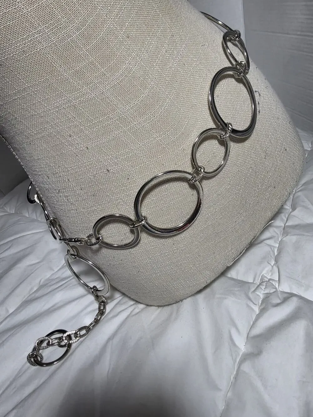 Silver Ring Chain Belt Adjustable Textured Circle Link Boho Retro Festive Y2K